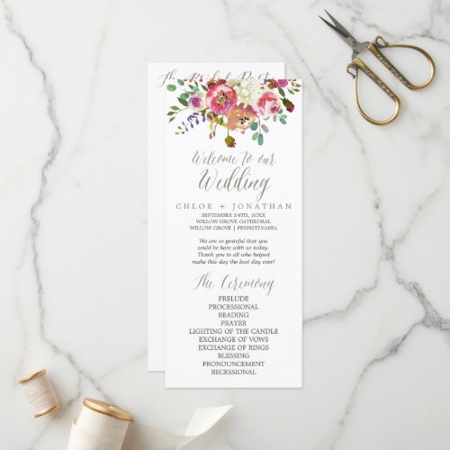 Simple Floral Watercolor Bouquet Wedding Program