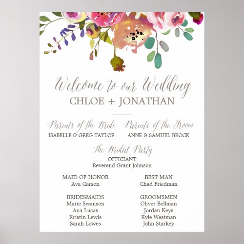 Simple Floral Watercolor Bouquet Wedding Program Poster
