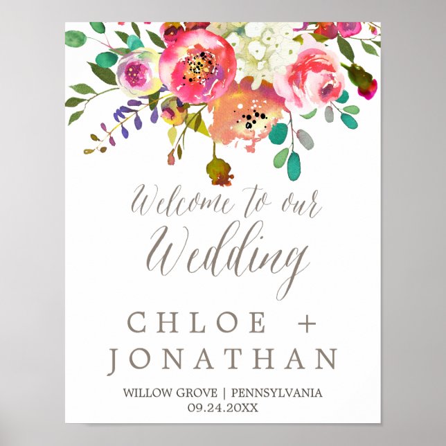 Simple Floral Watercolor Bouquet Wedding Welcome Poster (Front)