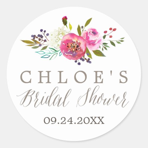 Simple Floral Watercolor Bridal Shower Favor Classic Round Sticker