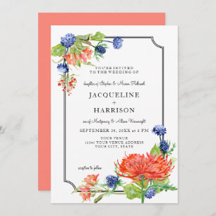 Simple Floral Watercolor Coral Orange Mum Thistle Invitation
