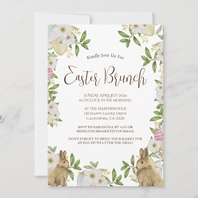 Simple floral watercolor easter brunch egg hunt invitation (Front)