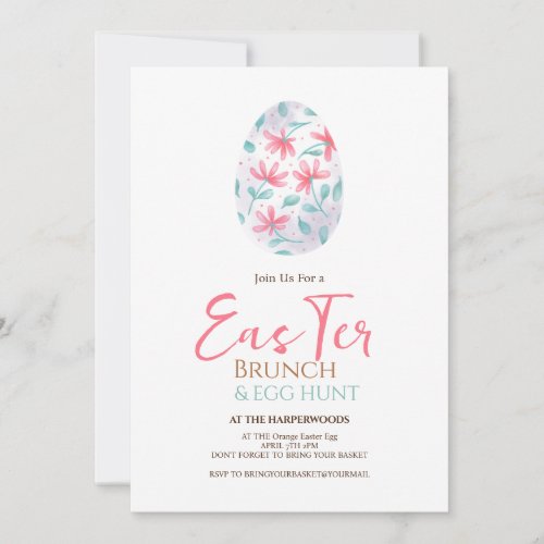 Simple floral watercolor easter brunch egg hunt invitation