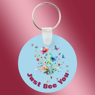 Simple Floral Watercolor Monogram Bee on blue Keychain