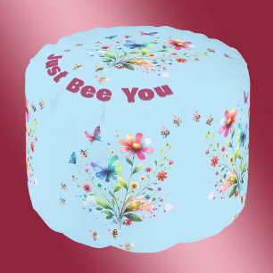 Simple Floral Watercolor Monogram Bee on blue Pouf