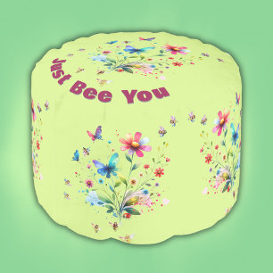 Simple Floral Watercolor Monogram Bee on green  Pouf