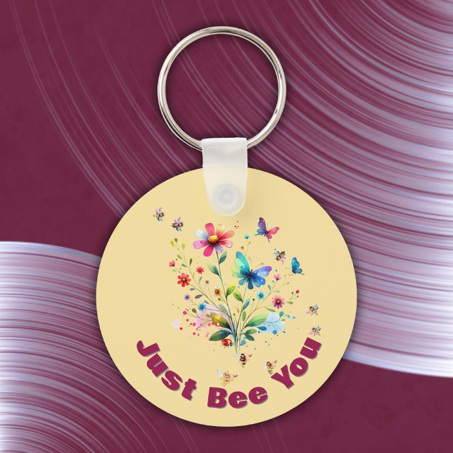 Simple Floral Watercolor Monogram Bee on peach  Keychain (Creator Uploaded)