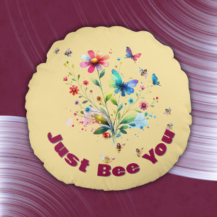 Simple Floral Watercolor Monogram Bee on peach Round Pillow