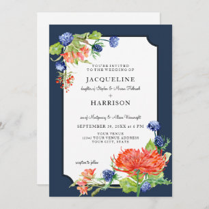 Simple Floral Watercolor Navy Orange Mum Thistle Invitation