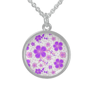 Simple Floral Watercolor Print Purple and Pink Sterling Silver Necklace