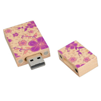Simple Floral Watercolor Print Purple and Pink Wood Flash Drive