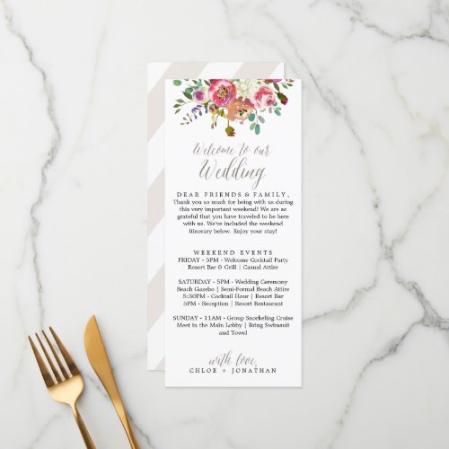 Simple Floral Watercolor Wedding Welcome Itinerary Menu