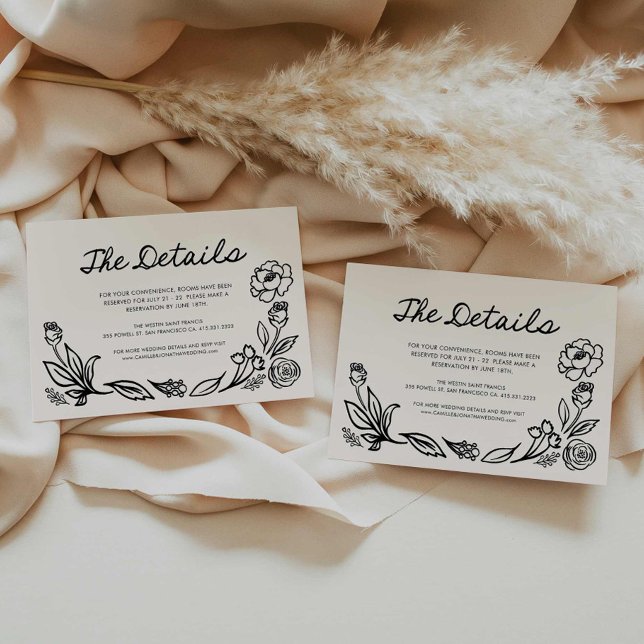 Simple Floral Wedding Details Enclosure Card (Whimsical Hand Drawn Floral Wedding Details Card)