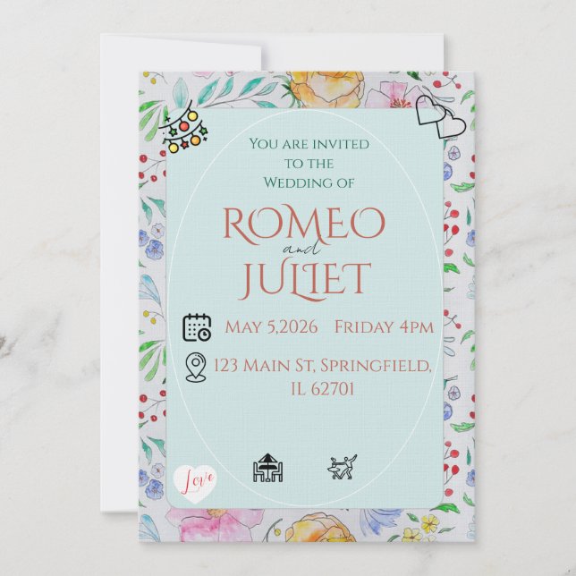 Simple Floral Wedding Invitation watercolor flower (Front)