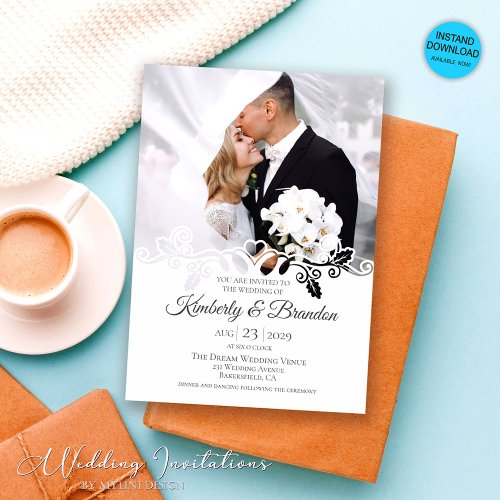 Simple Floral White Overlay Photo Wedding Invitation