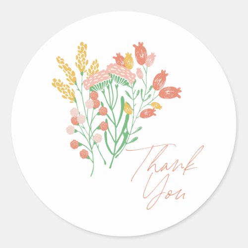 Simple Floral Wildflowers Coral Yellow Thank You Classic Round Sticker