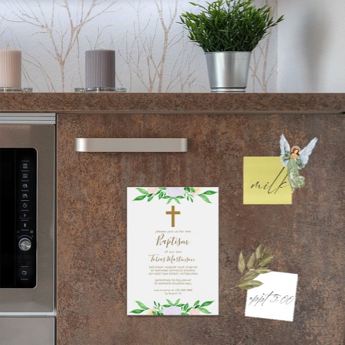 Simple Floral with Cross Baptism Magnetic Invitation