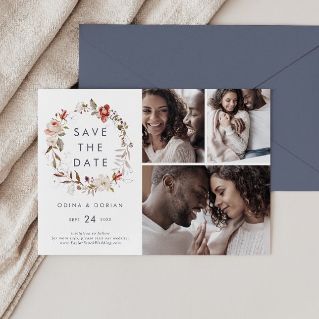 Simple Floral Wreath 3 Photo Collage Save The Date (Creator Uploaded)