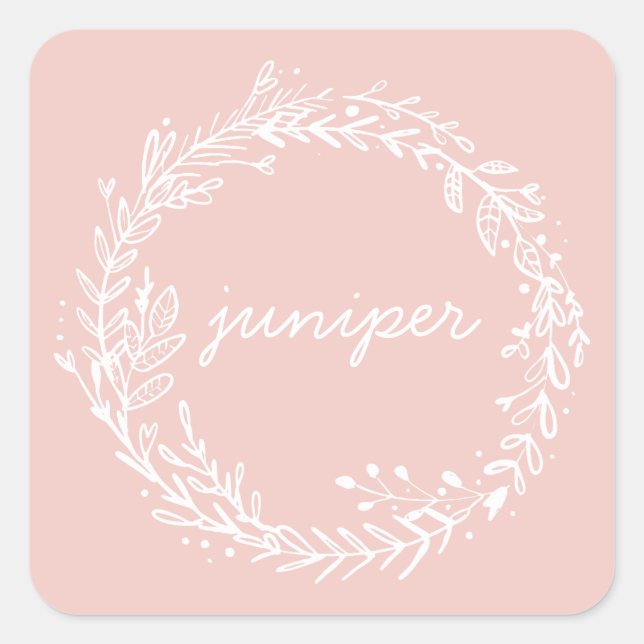 Simple floral wreath initial birth announcement square sticker (Front)