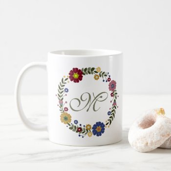 Simple Floral Wreath & Monogrammed Initial Coffee Mug by LilithDeAnu at Zazzle