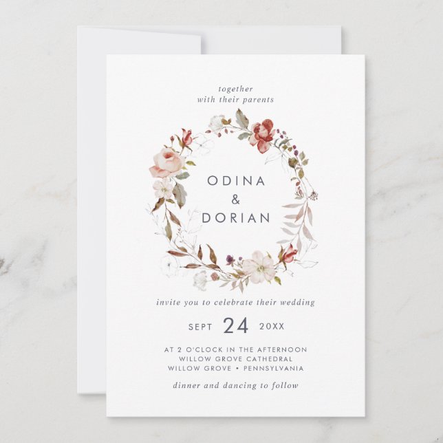Simple Floral Wreath Wedding Invitation (Front)
