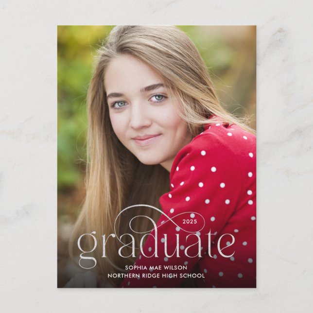 Simple Flourish Silver Type Photo Graduation Postcard (Front)
