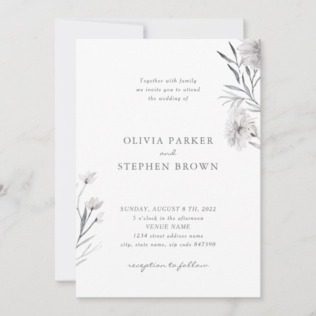 Simple flower. Gray White Beautiful Wedding Invitation (Front)