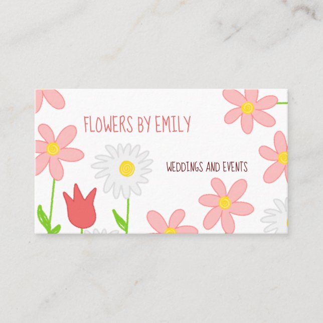 Simple Flower Illustrations Pinks Florist Business Card (Front)