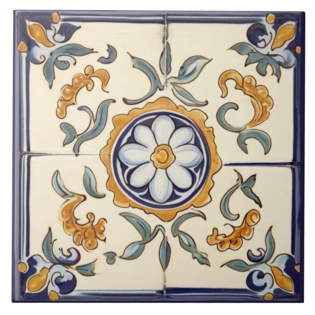 Simple Flower Mediterranean Blue Cream Floral Ceramic Tile (Front)