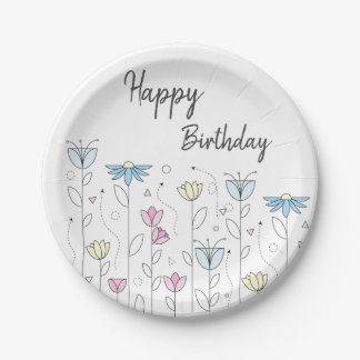 Simple Flower with Happy Birthday Paper Plates