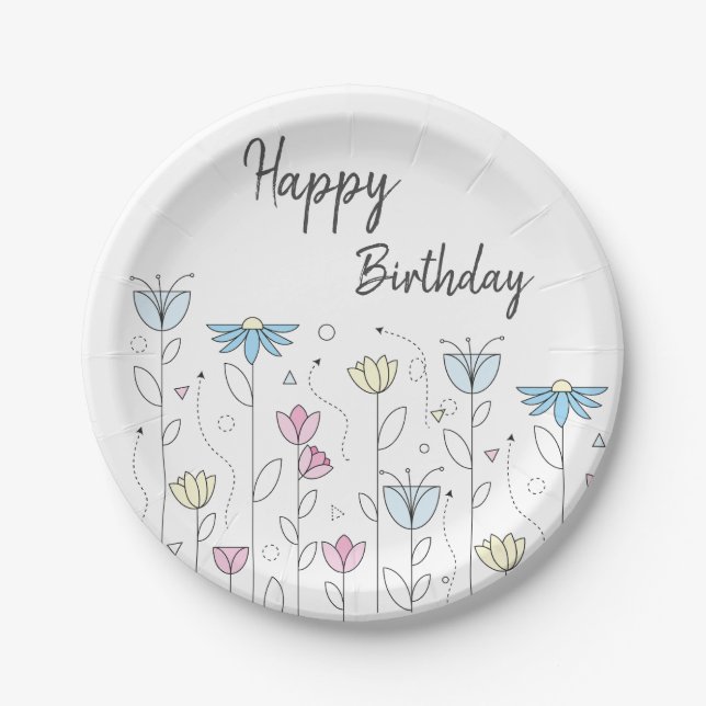 Simple Flower with Happy Birthday Paper Plates (Front)