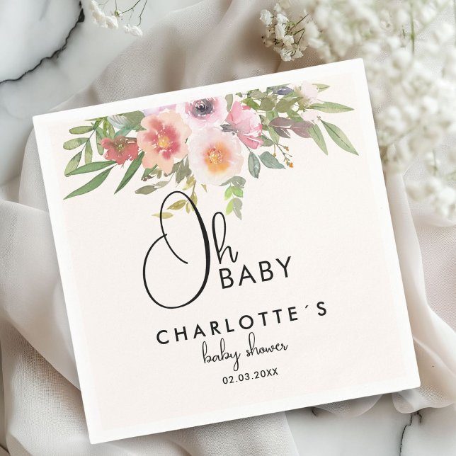 Simple, flowers Baby Shower Napkins (Simple, watercolor, flowers Baby Shower Napkins with your name and date.)