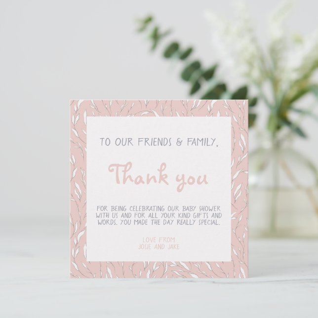 Simple flowers baby shower pink thank you card (Standing Front)