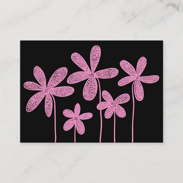 Simple Flowers Drawing - Pink on Black Business Card (Front)