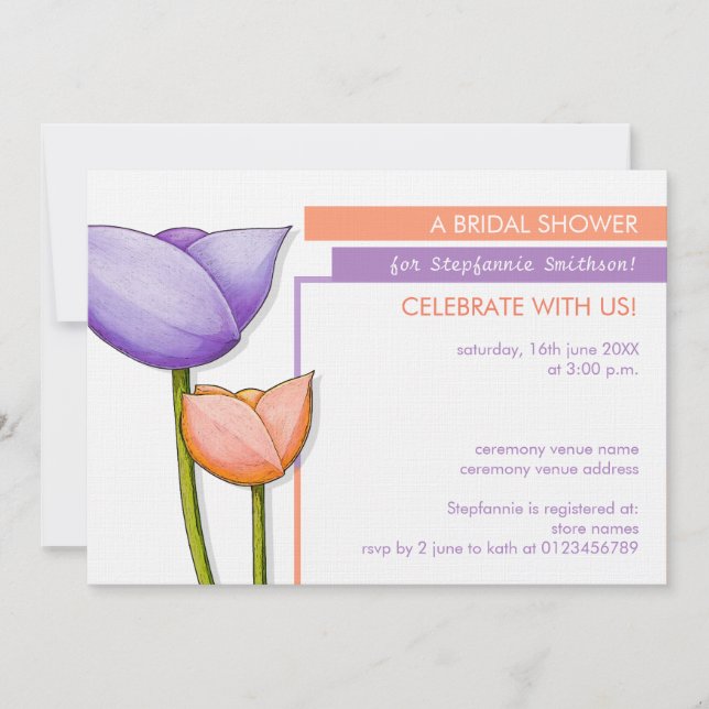 Simple Flowers purple orange Bridal Shower Invite (Front)