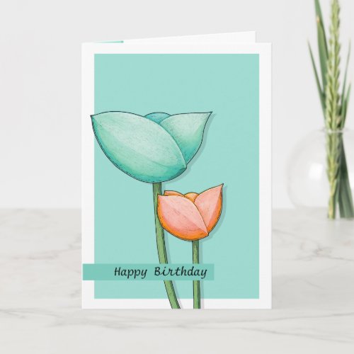 Simple Flowers teal orange 2 Birthday Card