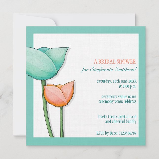 Simple Flowers teal orange Bridal Shower Square Invitation (Front)