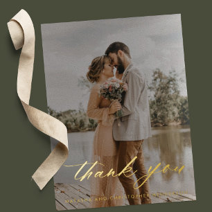 Simple Foil Calligraphy Wedding Photo Thank You Invitation