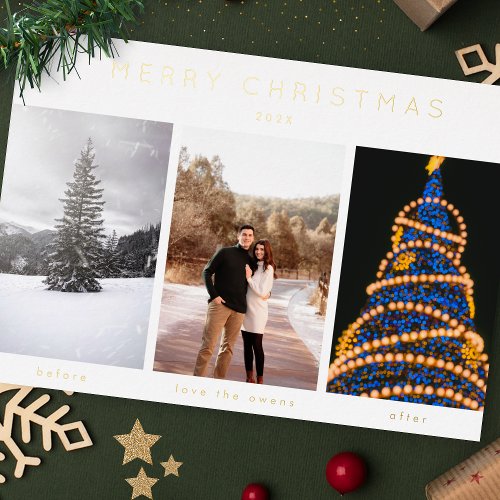Simple foil Three Photo Merry Christmas Foil Holiday Card