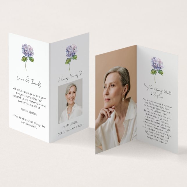 Simple Folded Hydrangea Photo Funeral Prayer Card (Inside and Outside)