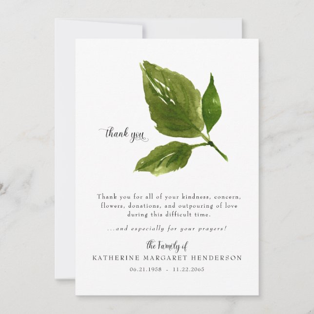 Simple Foliage Bereavement Funeral Thank You (Front)