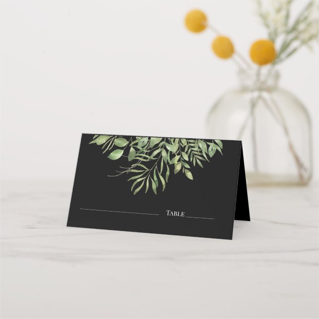 Simple Foliage | Black  | Greenery Wedding Design Place Card (Front)