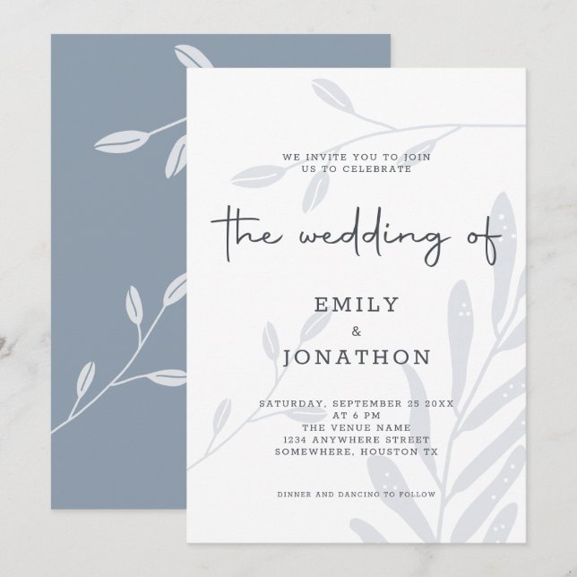 Simple Foliage Dusty Blue Wedding Invitation (Front/Back)
