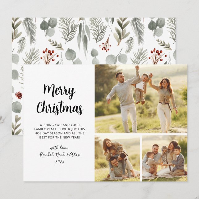 Simple Foliage Greenery 3 Multi Photo Christmas Holiday Card (Front/Back)
