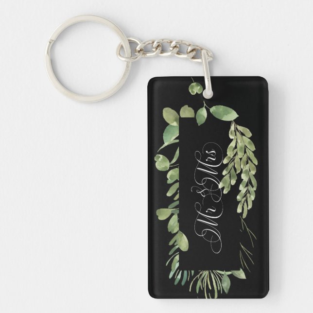 Simple Foliage/ Mr & Mrs / Wedding Date Keychain (Front)