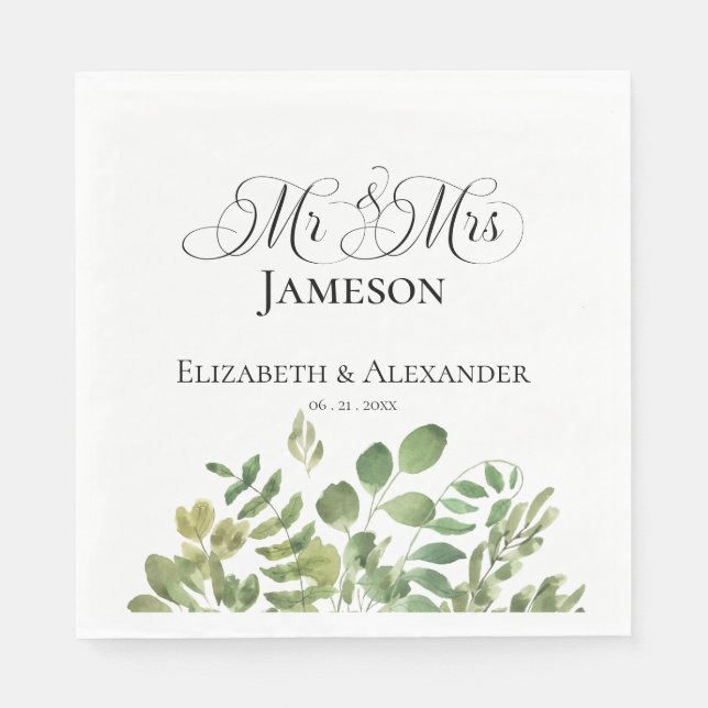 Simple Foliage, Mr. & Mrs. Wedding Reception Napkins (Front)