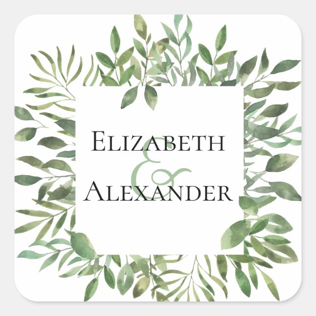 Simple Foliage/ Personalized Square Wedding Sticker (Front)