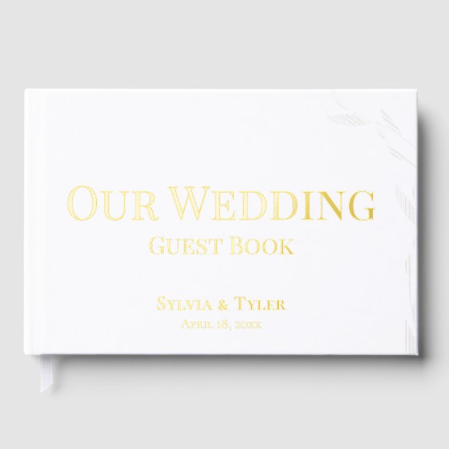 Simple Foliage White Gold Foil Wedding Foil Guest Book (Front)