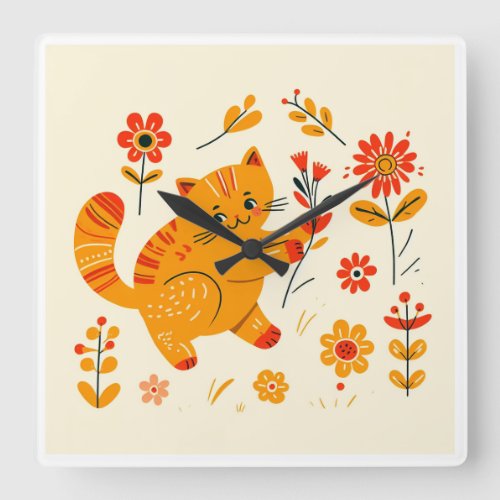 Simple folk style illustration of a cat  square wall clock