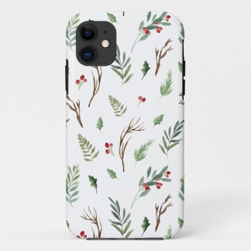 Simple Forest Berry Pinecone Christmas Pattern iPhone 11 Case